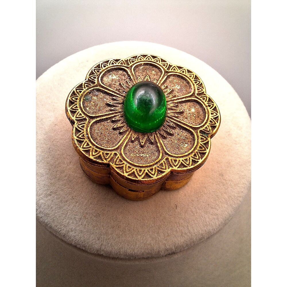 Vintage Coty Emeraude parfum compact trinket pill box gold tone mid century
